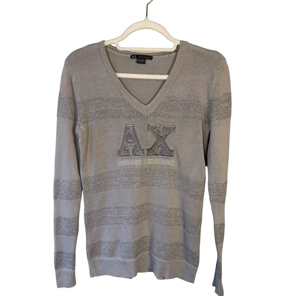 Armani Exchange Light Gray Metallic V-Neck Sweater Size S Minimalist Designer - Picture 2 of 14